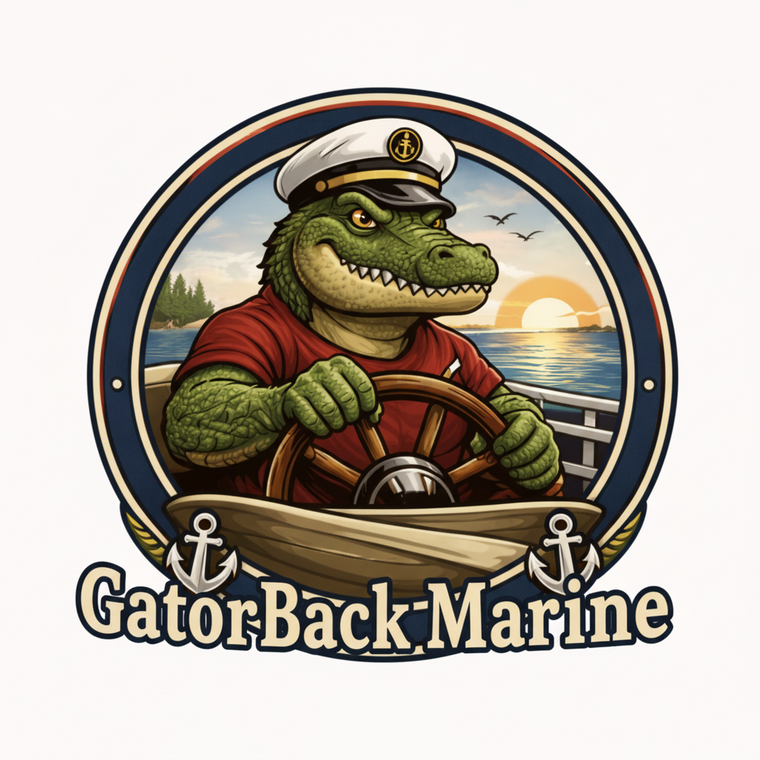 Logo of a gator wearing a captain's hat steering a boat with 'Gator Back Marine' text.