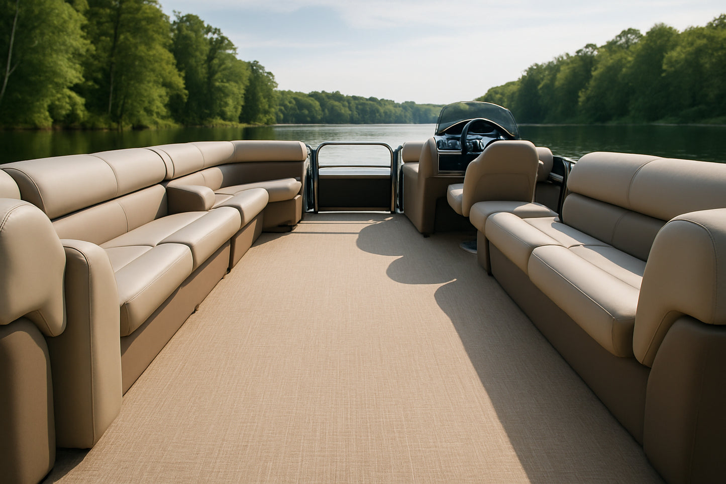 Driftwood White Oak – marine woven vinyl flooring on a peaceful lake | GatorBack Marine Flooring