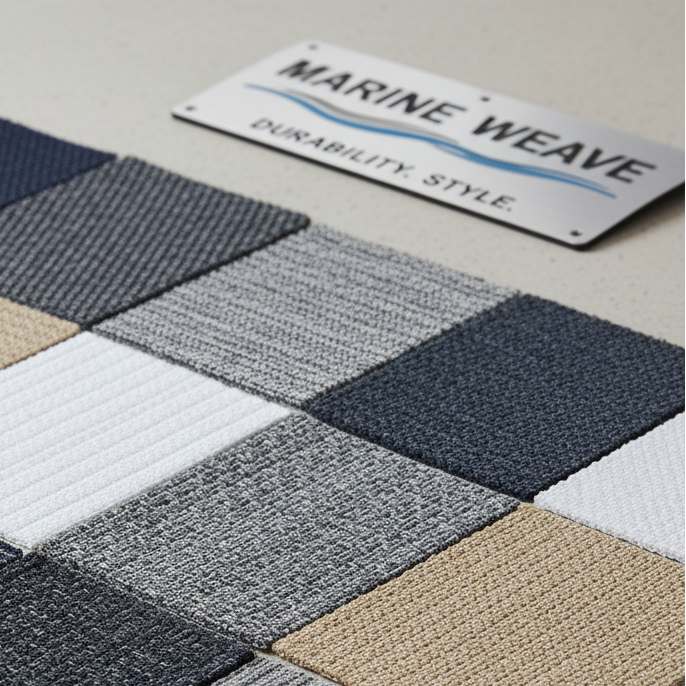 Square carpet samples in various colors arranged in a grid on a light gray background.
