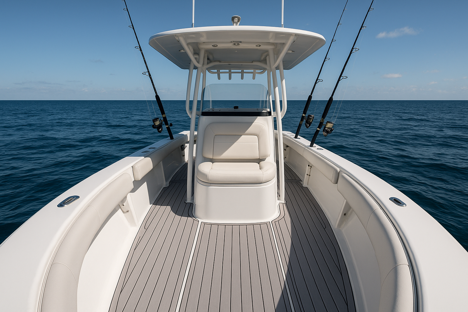 Teak Deck Series faux teak vinyl flooring on center console boat